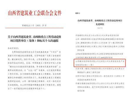 太原国投信息产业创新园项目部（一期）获山西省建筑业省、市两级重点工程劳动竞赛项目先进班组